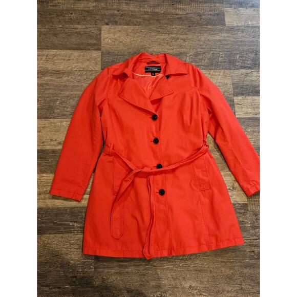 Lands end womens trench rain coat large XL 14/16 coral red orange Belted button - Picture 2 of 9